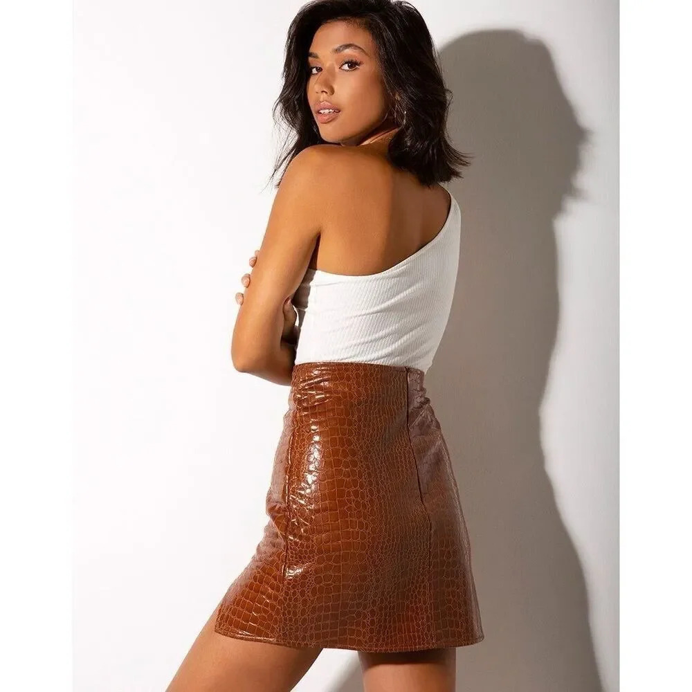 Motel Wren Mini Skirt In PU Croco Brown - Picture 2 of 11